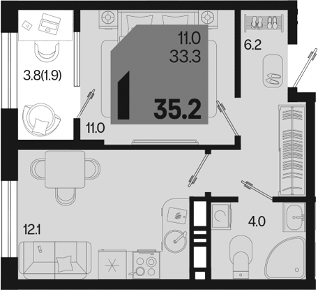 1-комн., 33.3 м², 9/18 этаж, ЖК «Первое место»