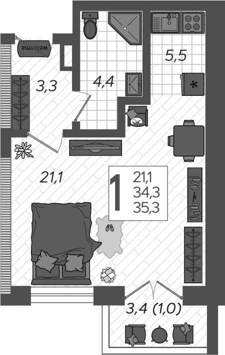 Студия, 34.3 м², 4/12 этаж, ЖК «Летний»