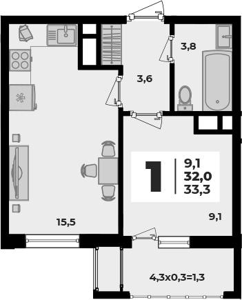 2-комн., 32 м², 1/8 этаж, ЖК «Родной дом 5»