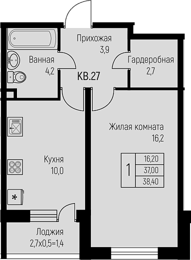 1-комн., 37 м², 1/3 этаж, ЖК «Nova Vita»