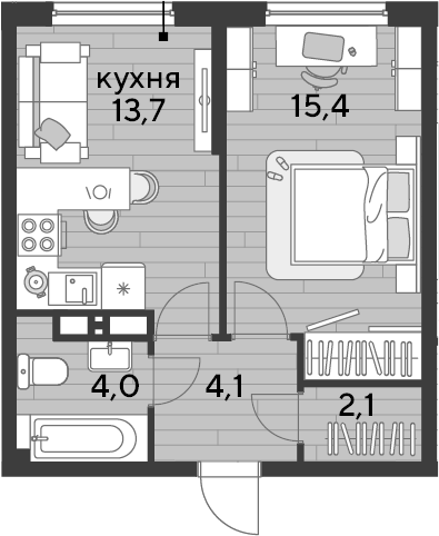 1-комн., 39.3 м², 16/19 этаж, ЖК «DОГМА ПАРК»