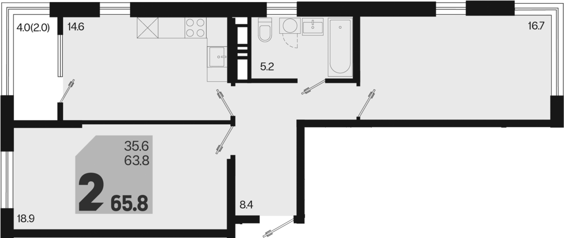2-комн., 63.8 м², 16/18 этаж, ЖК «Первое место»