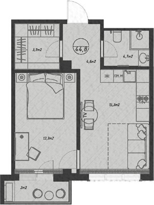 2-комн., 43.3 м², 5/7 этаж, ЖК «Оливия»