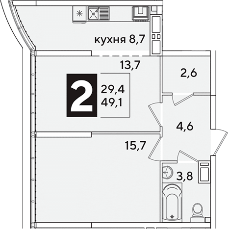 2-комн., 49.1 м², 16/16 этаж, ЖК «Самолет»
