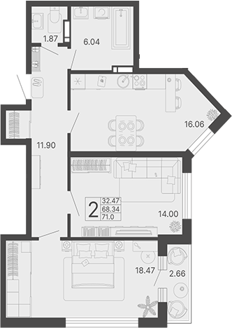 2-комн., 67.01 м², 14/19 этаж, ЖК «Светский лес»