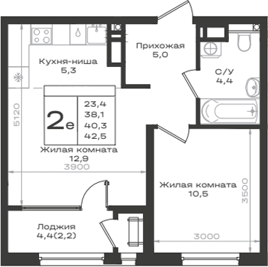 2-комн., 38.1 м², 11/12 этаж, ЖК «Нагория»