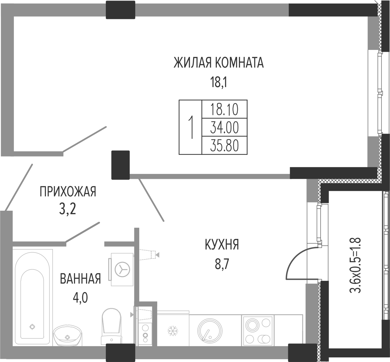 1-комн., 34 м², 7/7 этаж, ЖК «Екатерининский парк»