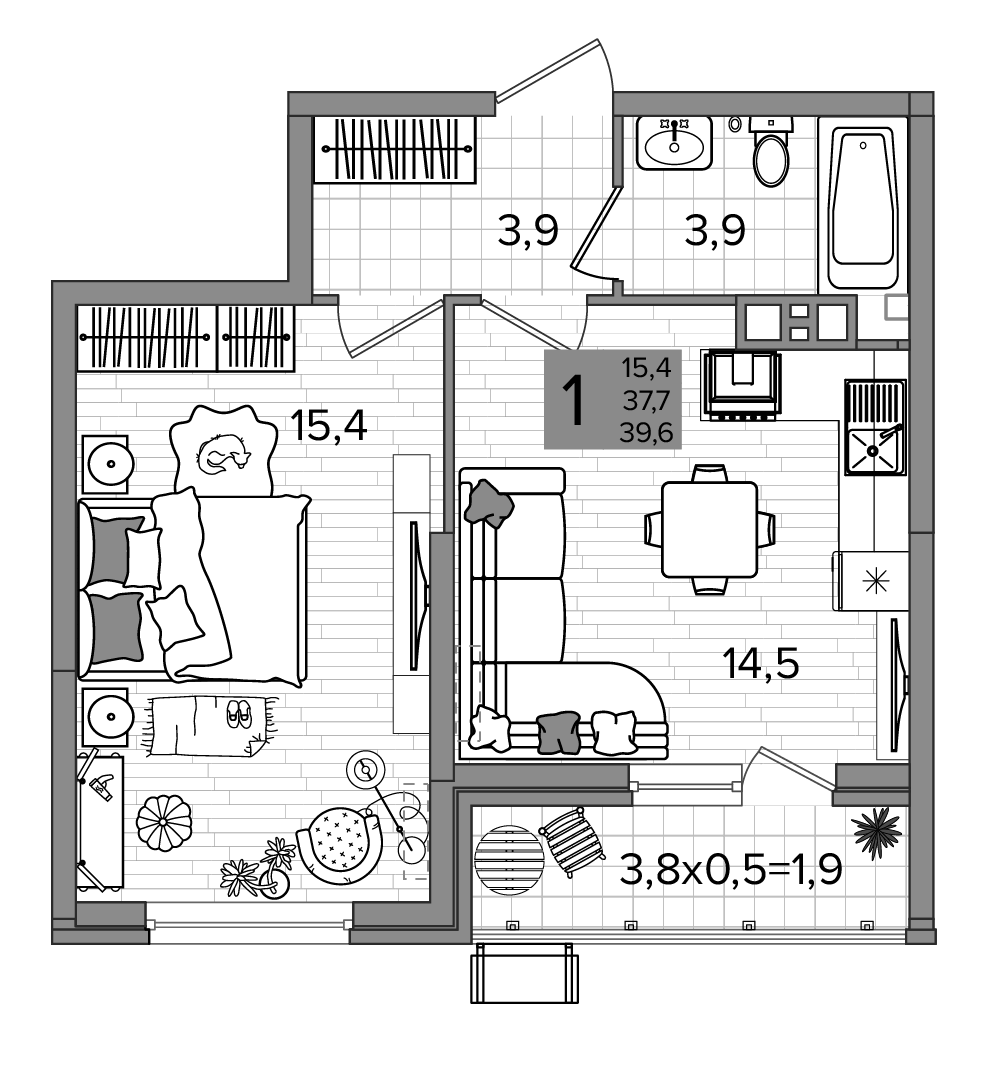 1-комн., 37.7 м², 7/16 этаж, ЖК «Сармат»
