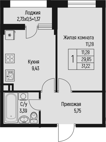 1-комн., 29.85 м², 1/10 этаж, ЖК «Ритм»
