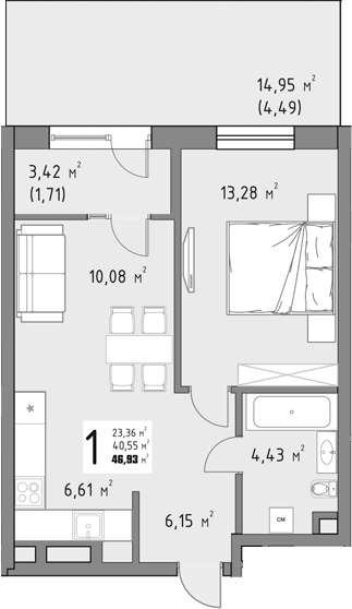 1-комн., 40.73 м², 3/9 этаж, ЖК «Коллекция»