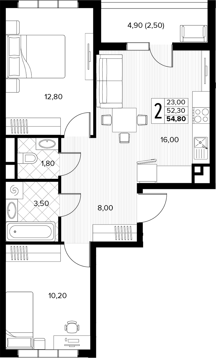 2-комн., 52.3 м², 2/6 этаж, ЖК «Кипарис»