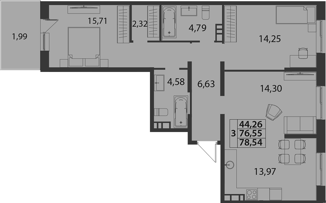 Продается 3-комн. квартира, 76.55 м²