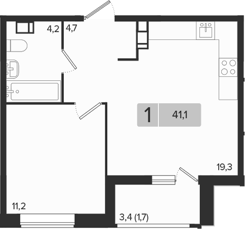 1-комн., 39.4 м², 3/9 этаж, ЖК «Эрмитаж»