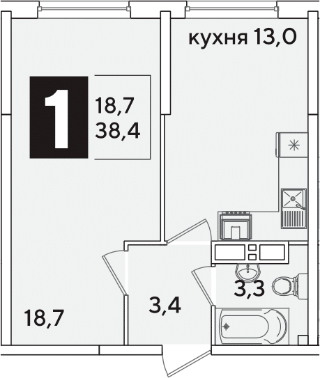 1-комн., 38.4 м², 12/16 этаж, ЖК «Самолет»
