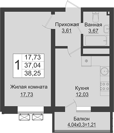 1-комн., 37.04 м², 12/16 этаж, ЖК «Зеленый театр»
