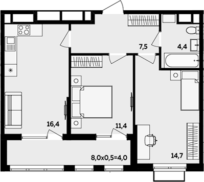 3-комн., 54.4 м², 6/16 этаж, ЖК «МегаСити»