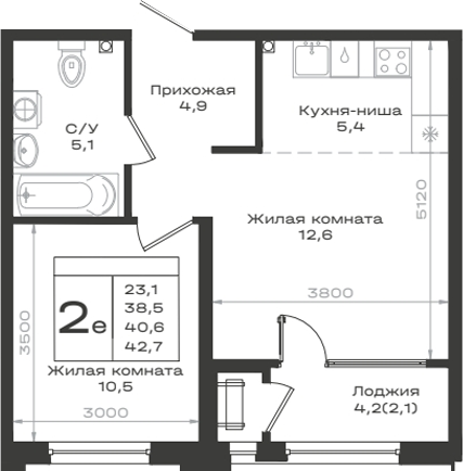 2-комн., 38.5 м², 2/12 этаж, ЖК «Нагория»