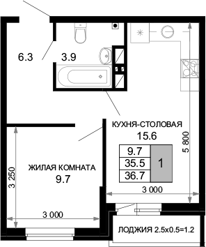 1-комн., 35.5 м², 16/16 этаж, ЖК «Дыхание»