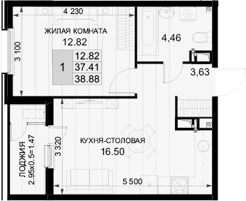 1-комн., 37.41 м², 14/18 этаж, ЖК «Фонтаны»