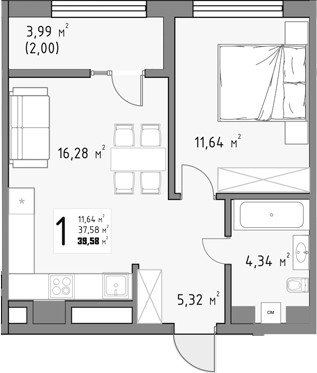 1-комн., 37.58 м², 10/15 этаж, ЖК «Коллекция»