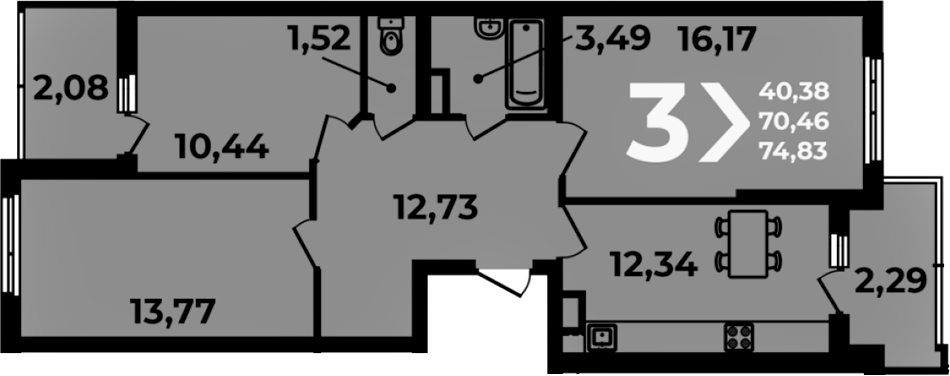 3-комн., 70.46 м², 9/19 этаж, ЖК «Аксиома»