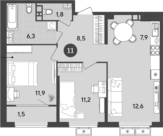 3-комн., 60.2 м², 4/9 этаж, ЖК «Порто-Ново»