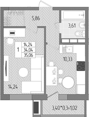 1-комн., 34.04 м², 7/8 этаж, ЖК «Сады у моря»