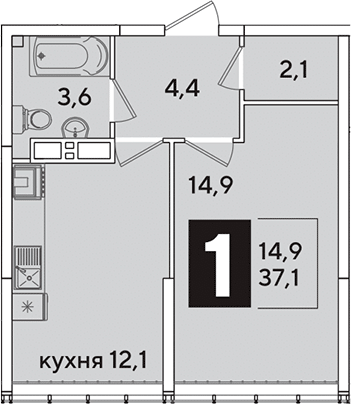 1-комн., 37.1 м², 15/16 этаж, ЖК «Самолет»