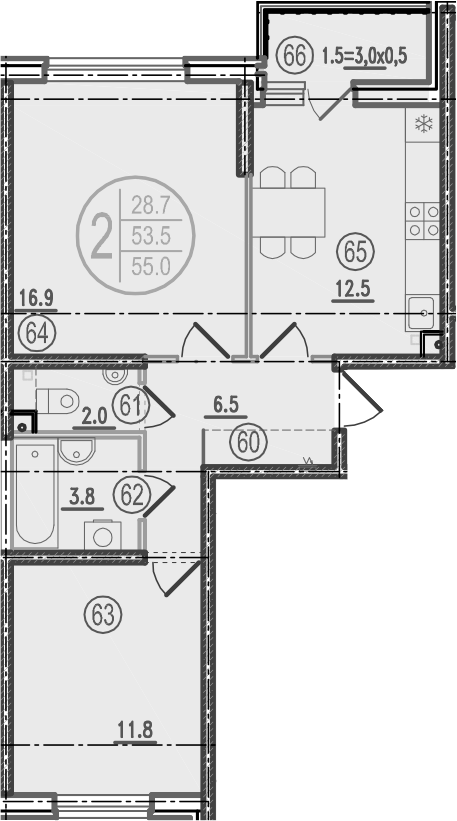 2-комн., 53.5 м², 2/9 этаж, ЖК «Спортивная деревня»