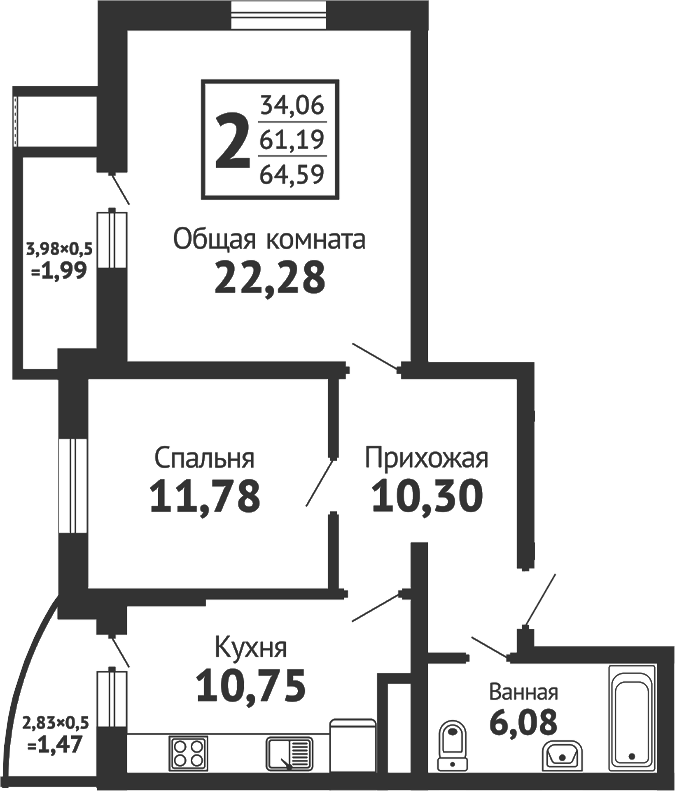 2-комн., 62.64 м², 1/16 этаж, ЖК «Кутузовский. ООО К-2»