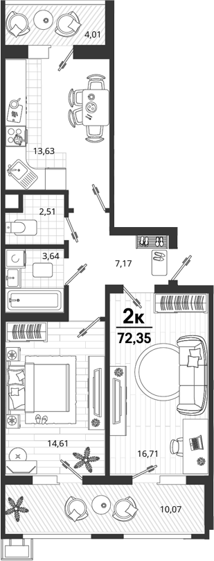 2-комн., 58.27 м², 2/18 этаж, ЖК «Родные Просторы»