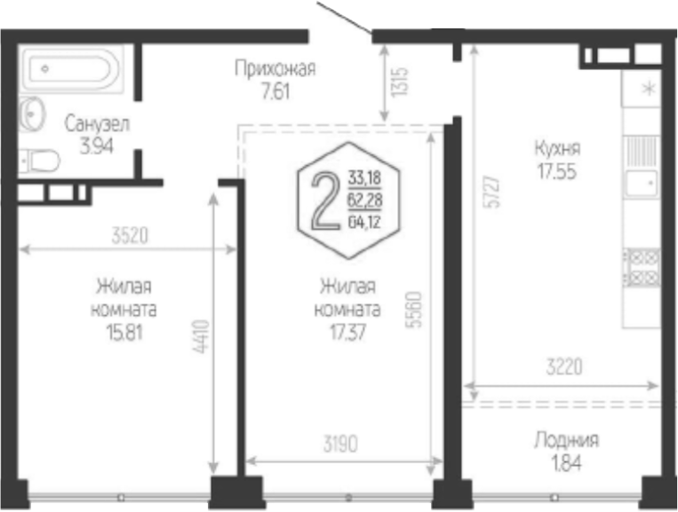 2-комн., 62.28 м², 5/24 этаж, ЖК «Гарантия PRIME»