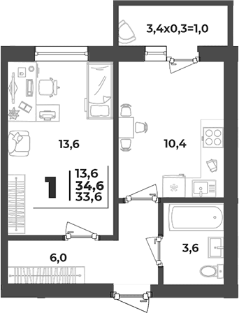 1-комн., 33.6 м², 3/5 этаж, ЖК «Дарград»