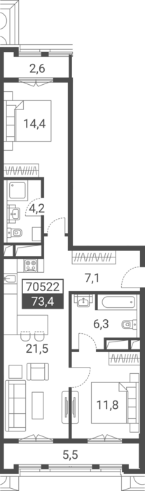 3-комн., 65.3 м², 5/7 этаж, ЖК «Красная поляна 540»