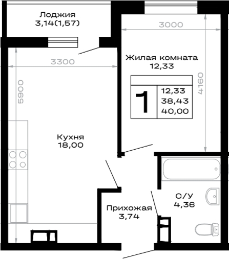 1-комн., 38.43 м², 2/14 этаж, ЖК «Горные высоты»