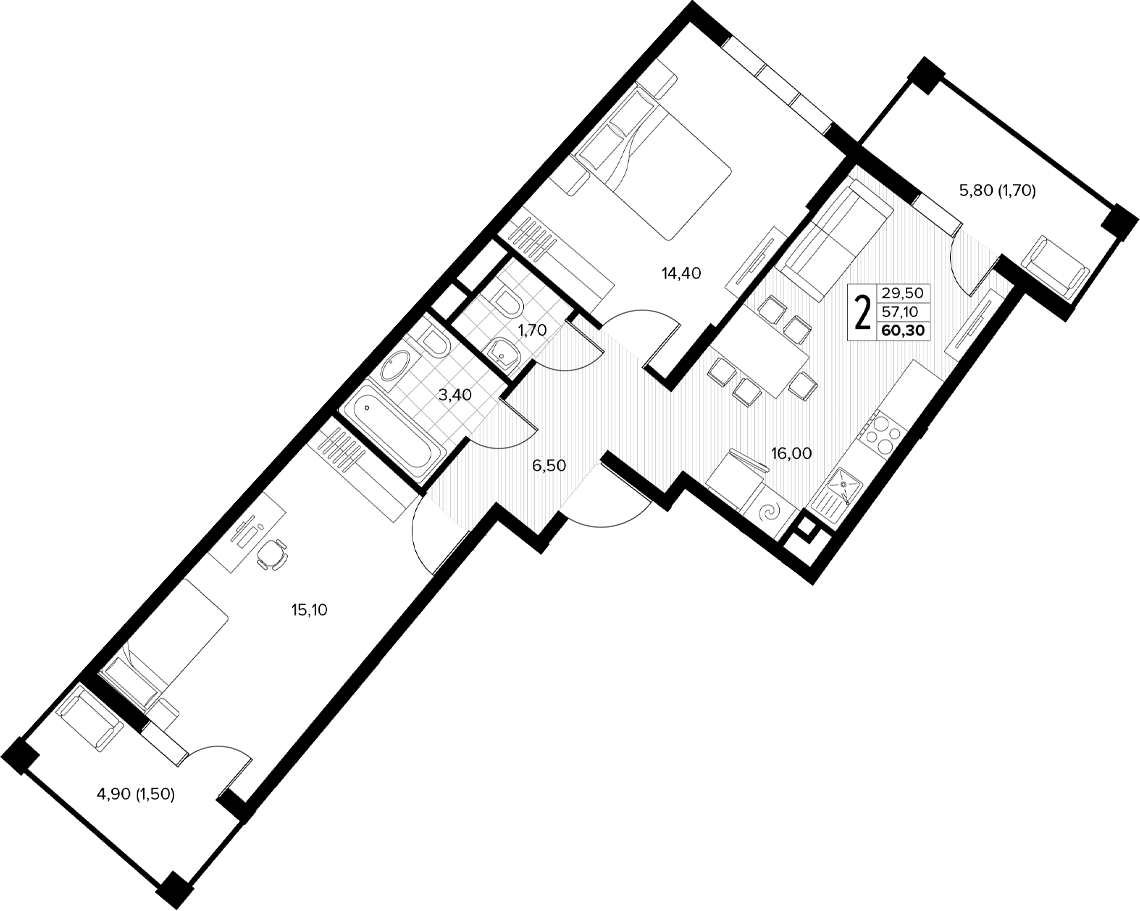 2-комн., 57.1 м², 5/8 этаж, ЖК «Кипарис»