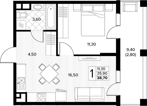 1-комн., 35.9 м², 5/6 этаж, ЖК «Кипарис»