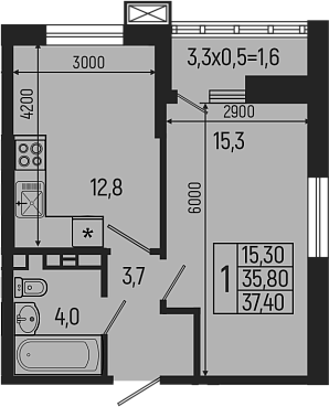 1-комн., 35.8 м², 4/9 этаж, ЖК «Звезды»