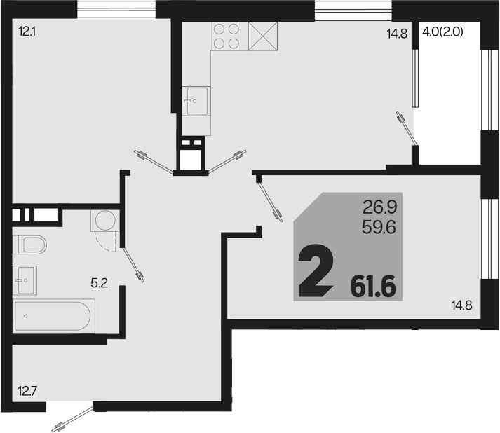 2-комн., 59.6 м², 7/18 этаж, ЖК «Первое место»