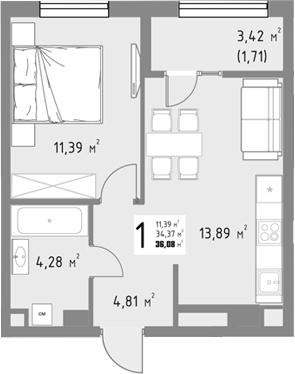 1-комн., 34.37 м², 6/9 этаж, ЖК «Коллекция»