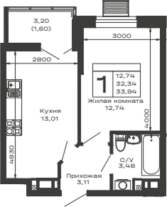 1-комн., 32.34 м², 10/14 этаж, ЖК «Долина»