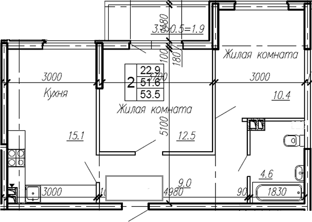 2-комн., 51.6 м², 3/4 этаж, ЖК «Эво»