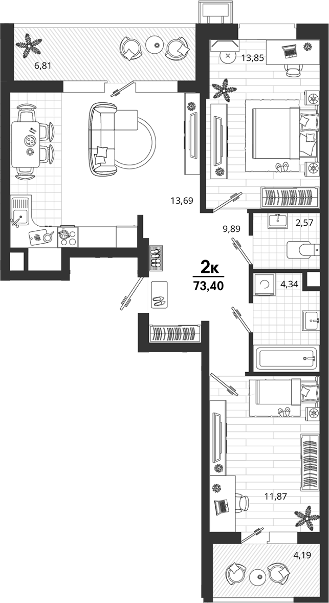 2-комн., 60.31 м², 2/18 этаж, ЖК «Родные Просторы»