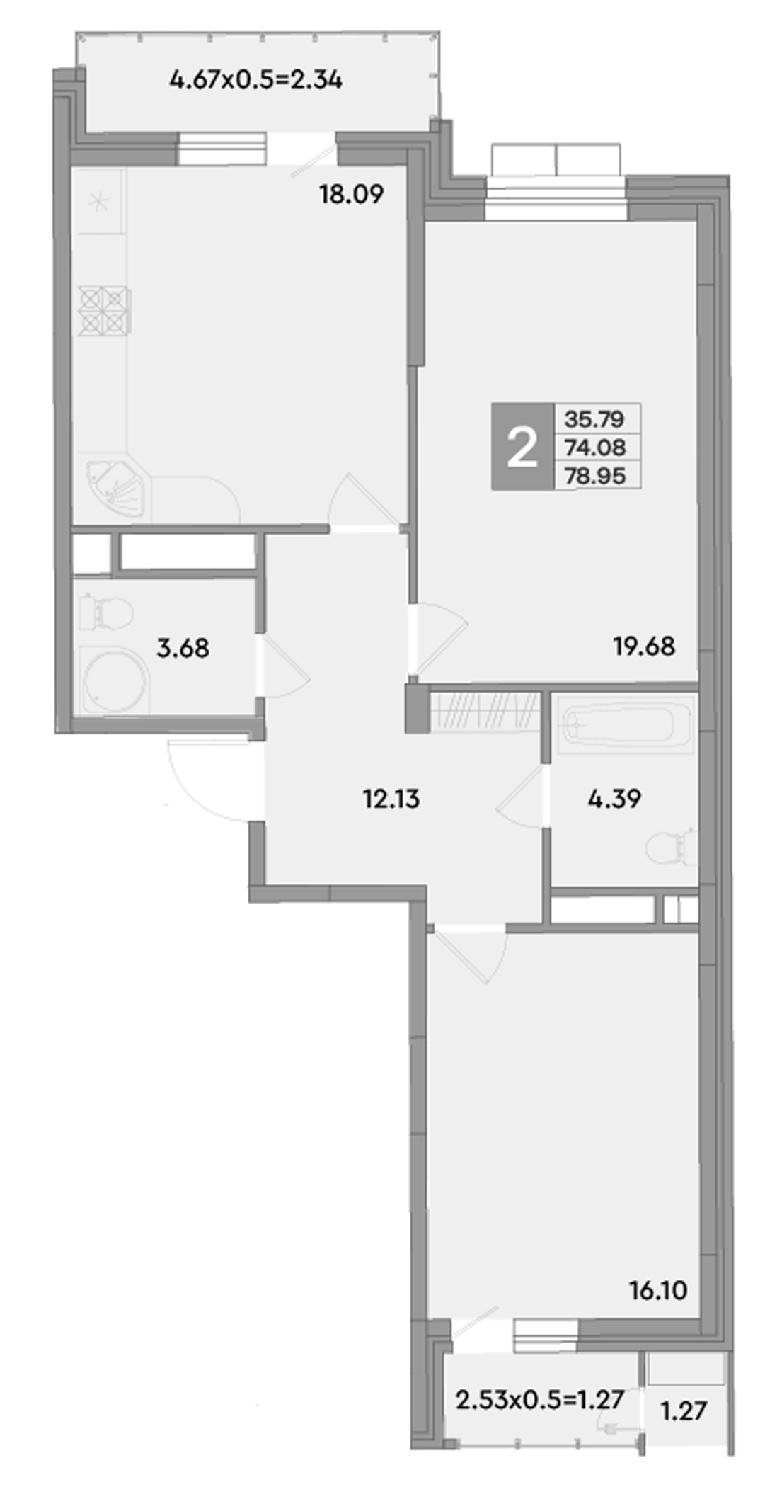 2-комн., 74.07 м², 4/10 этаж, ЖК «Эндемик»
