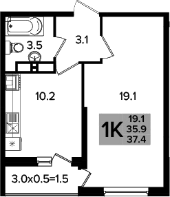 1-комн., 35.9 м², 13/16 этаж, ЖК «Сармат»