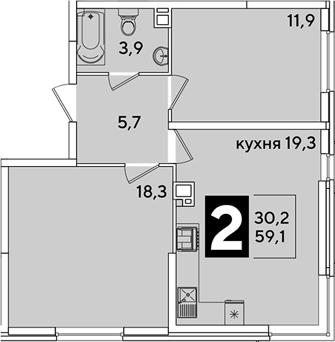 3-комн., 59.1 м², 8/16 этаж, ЖК «Самолет»
