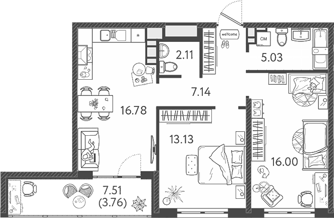 3-комн., 59.3 м², 5/9 этаж, ЖК «Друзья»