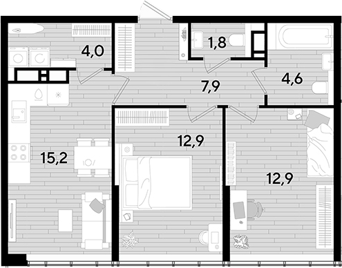 2-комн., 59.3 м², 15/16 этаж, ЖК «DОГМА ПАРК»