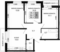Продается 3-комн. квартира, 64.2 м²