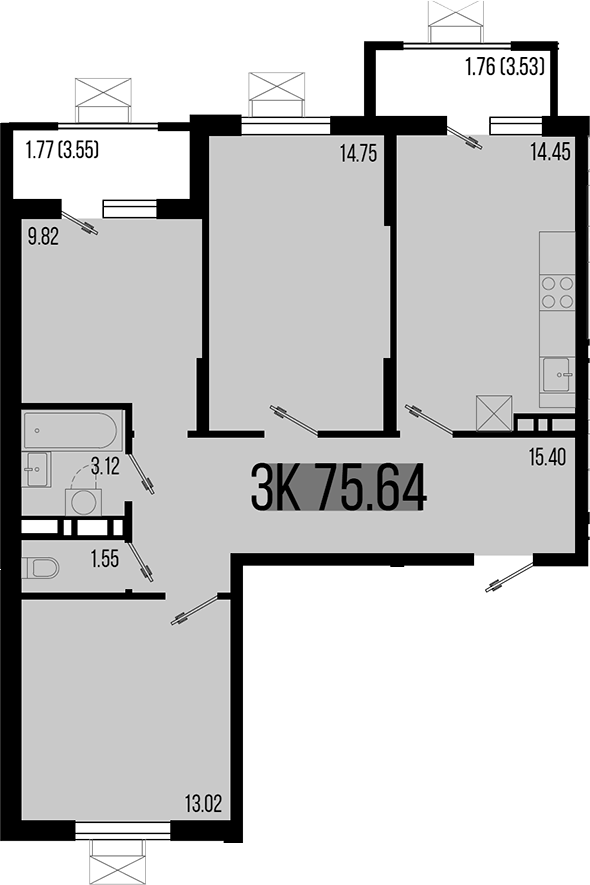 3-комн., 72.11 м², 3/8 этаж, ЖК «Цветной бульвар»